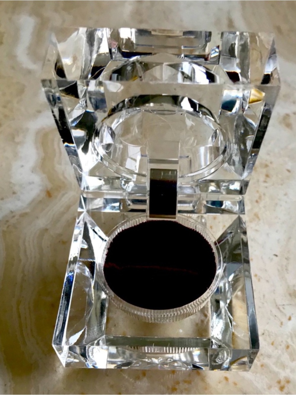 Clear Faceted Crystal Looking Plastic Ring Box with Velvet Cushion